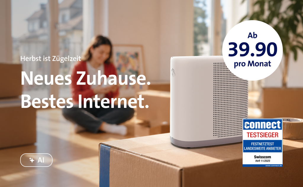 Eine Frau im Hintergrund mit gepackten Kartons. Text: Herbst ist Zügelzeit. Neues Zuhause. Bestes Internet. Ab 39.90 pro Monat.