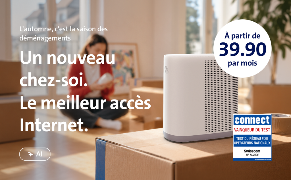Une femme à l'arrière-plan avec des cartons emballés. Texte : L'automne, c'est la saison des déménagements. Un nouveau chez-soi. Le meilleur accès Internet. À partir de 39,90 par mois.