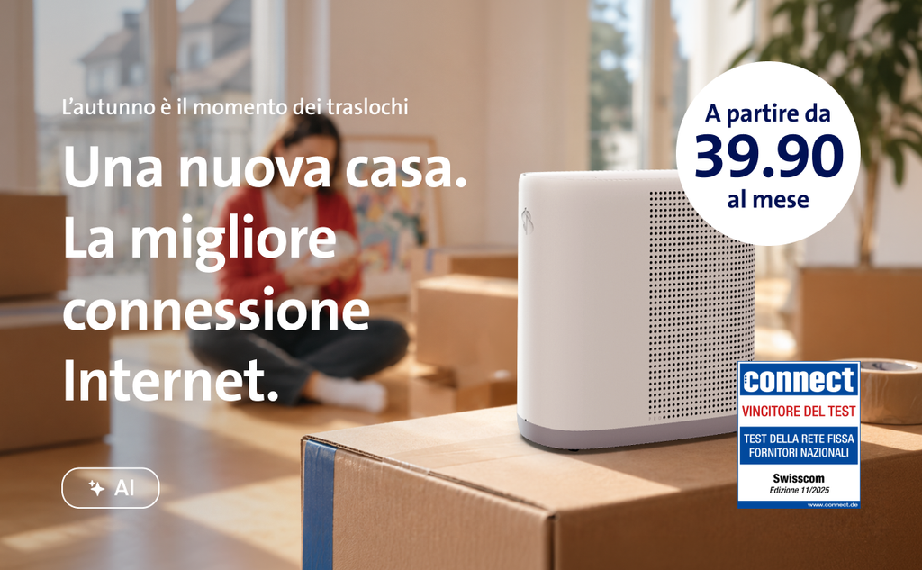 Una donna sullo sfondo con degli scatoloni già pronti. Testo: L'autunno è la stagione dei traslochi. Una nuova casa. La migliore connessione Internet. A partire da 39,90 al mese.